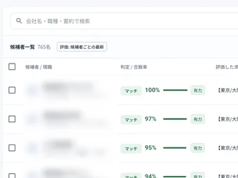 候補者一覧画面。合致率・判定が並ぶ（候補者情報はぼかし）